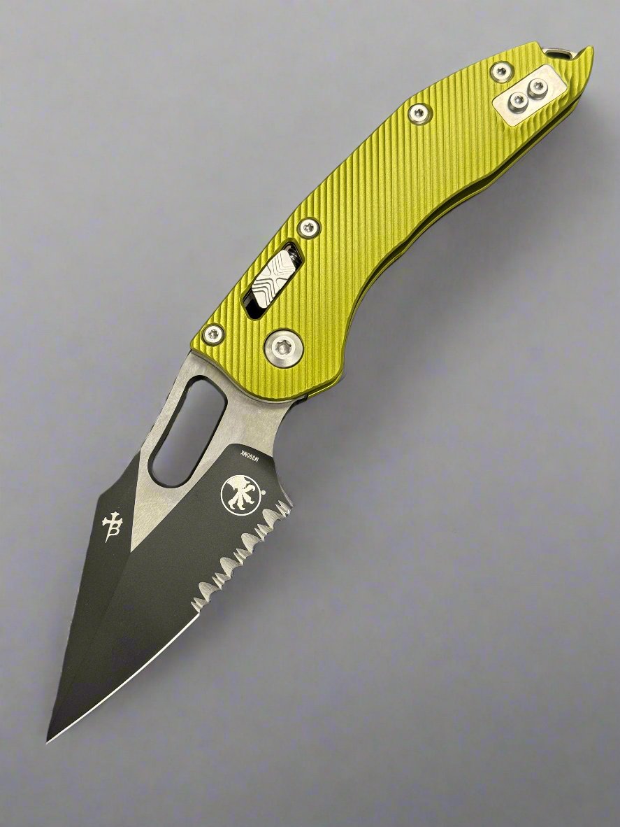 Microtech Knives Manual Stitch RAM LOK Fluted OD Green Aluminum & Two Tone Black Partial Serrated M390MK 169RL-2 FLOD