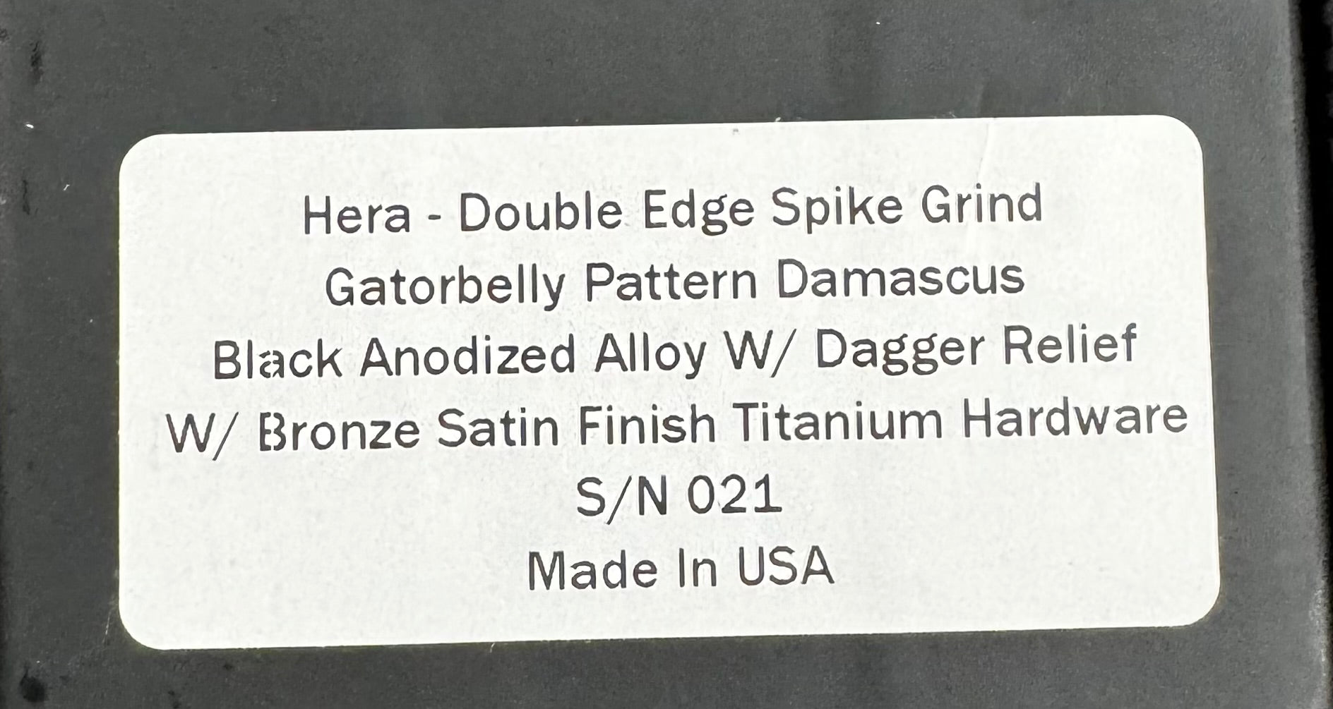 Pre Owned MARFIONE CUSTOM HERA DOUBLE EDGE SPIKE GRIND - GATORBELLY PATTERN DAMASCUS- BLACK LOGO ETCHED CHASSIS WITH BRONZE SATIN FINISHED HW