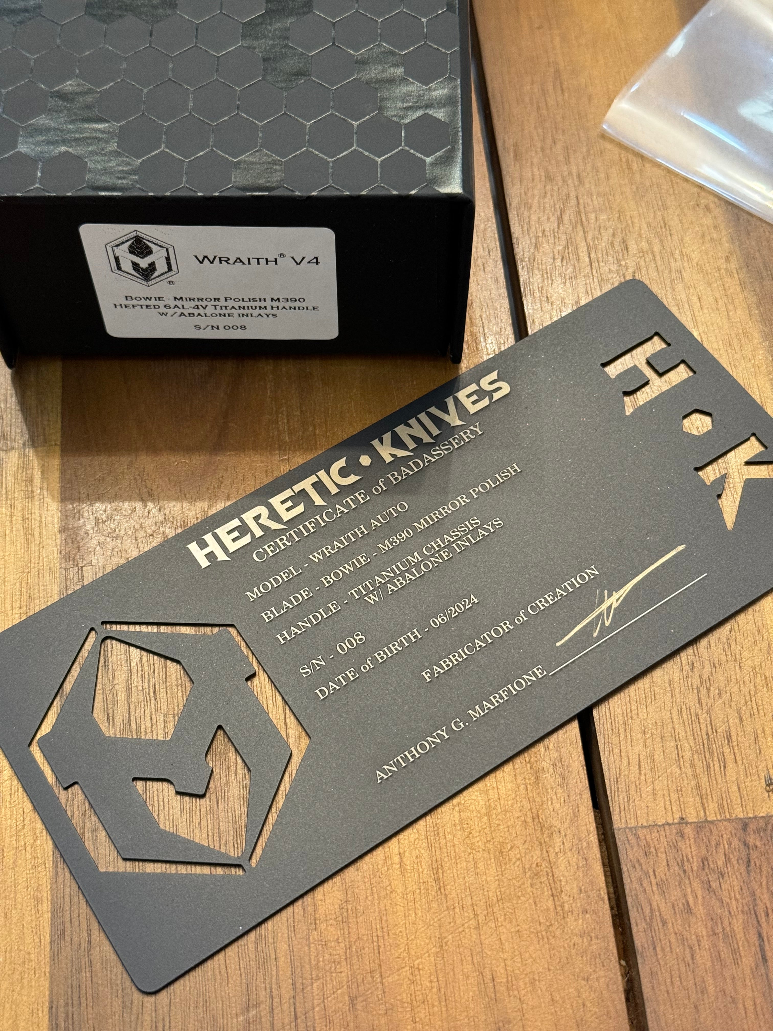 Heretic Custom V4 Wraith Bowie Mirror Polish M390 Hefted Titanium w Abalone Inlays
