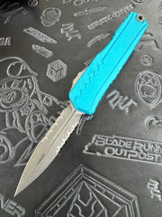 Microtech Cypher II D/E Apocalyptic Partial Serrated w/ Turquoise Handle 1242-11 APTQ