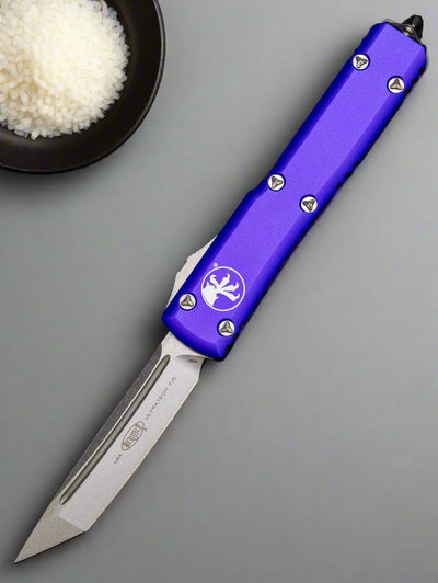 MICROTECH ULTRATECH OTF KNIFE- TANTO EDGE- PURPLE HANDLE- STONEWASH BLADE 123-10 PU