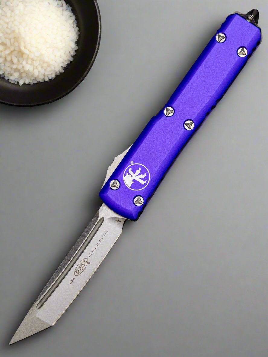 MICROTECH ULTRATECH OTF KNIFE- TANTO EDGE- PURPLE HANDLE- STONEWASH BLADE 123-10 PU