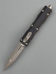 Microtech 225-10 Dirac AUTO OTF Knife 2.92" Stonewashed Double Edge Dagger Blade, Black Aluminum Handles