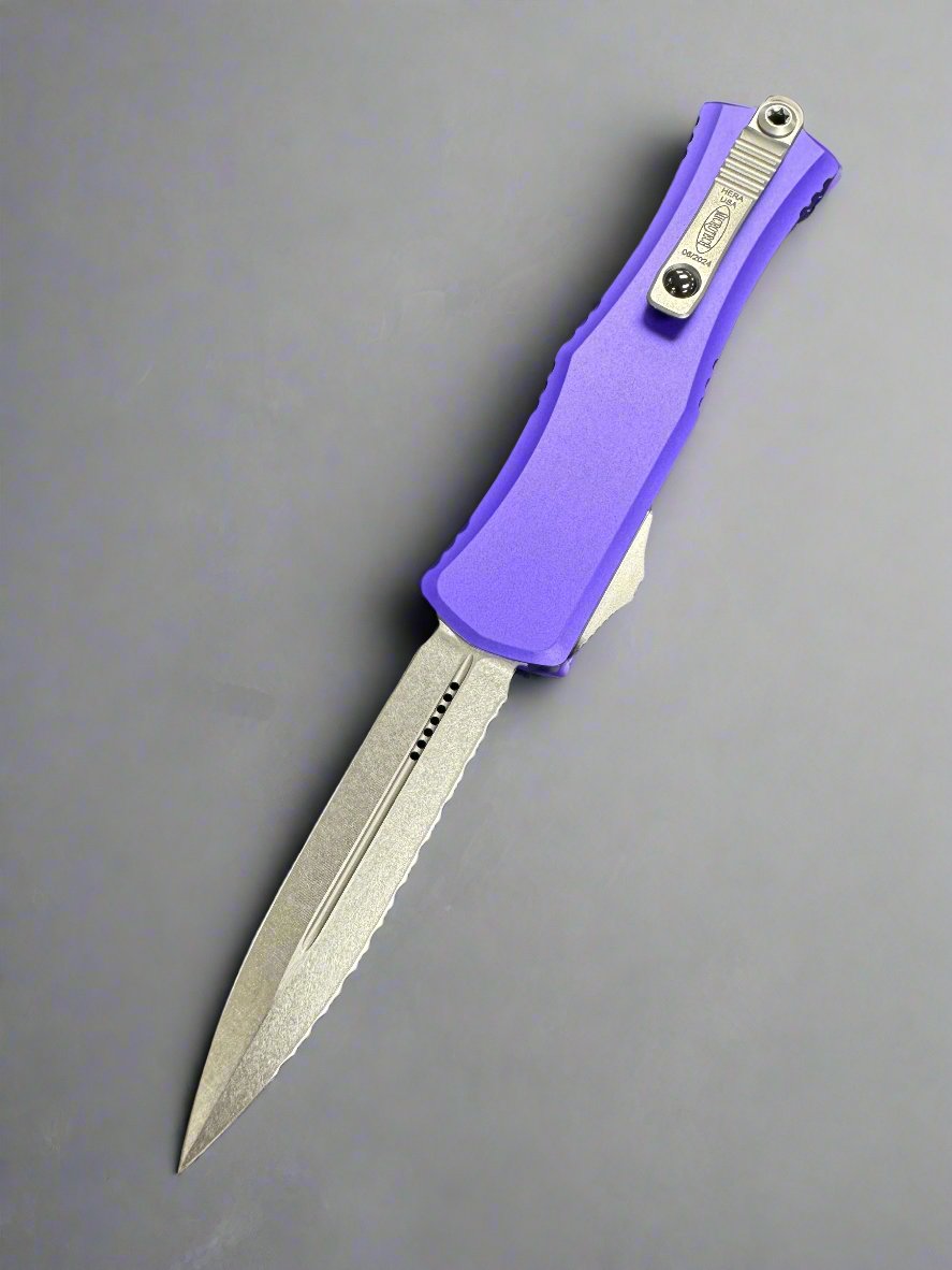 Microtech Knives Mini Hera Stonewash Double Edge Full Serrated M390MK w/ Purple Handle 1702M-12 PU