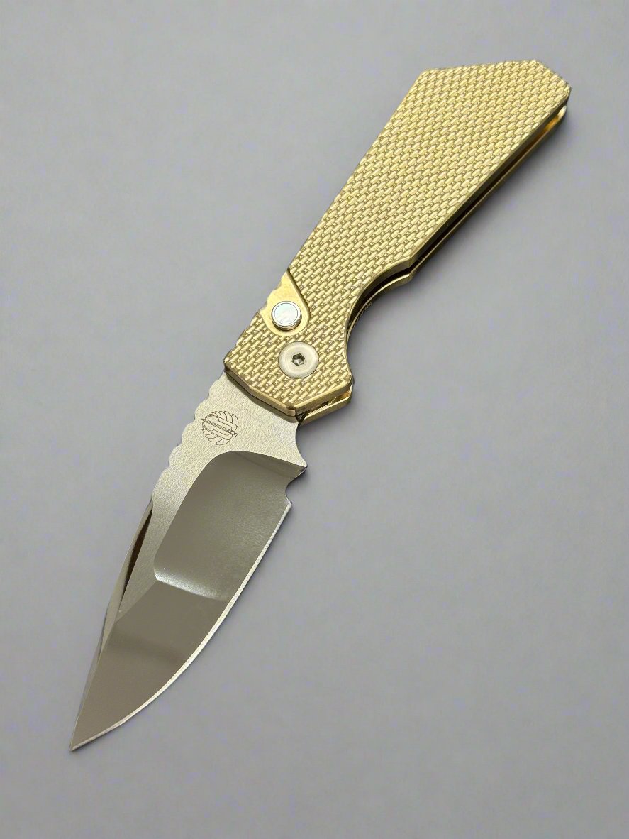 Pro-Tech Strider Custom PT+ AUTO Folding Knife 3.05" CPM-MagnaCut Mike Irie Mirror Compound Blade, Textured AlBronze Aluminum Handles, Mother of Pearl Button - 2024 PT+ Custom 005