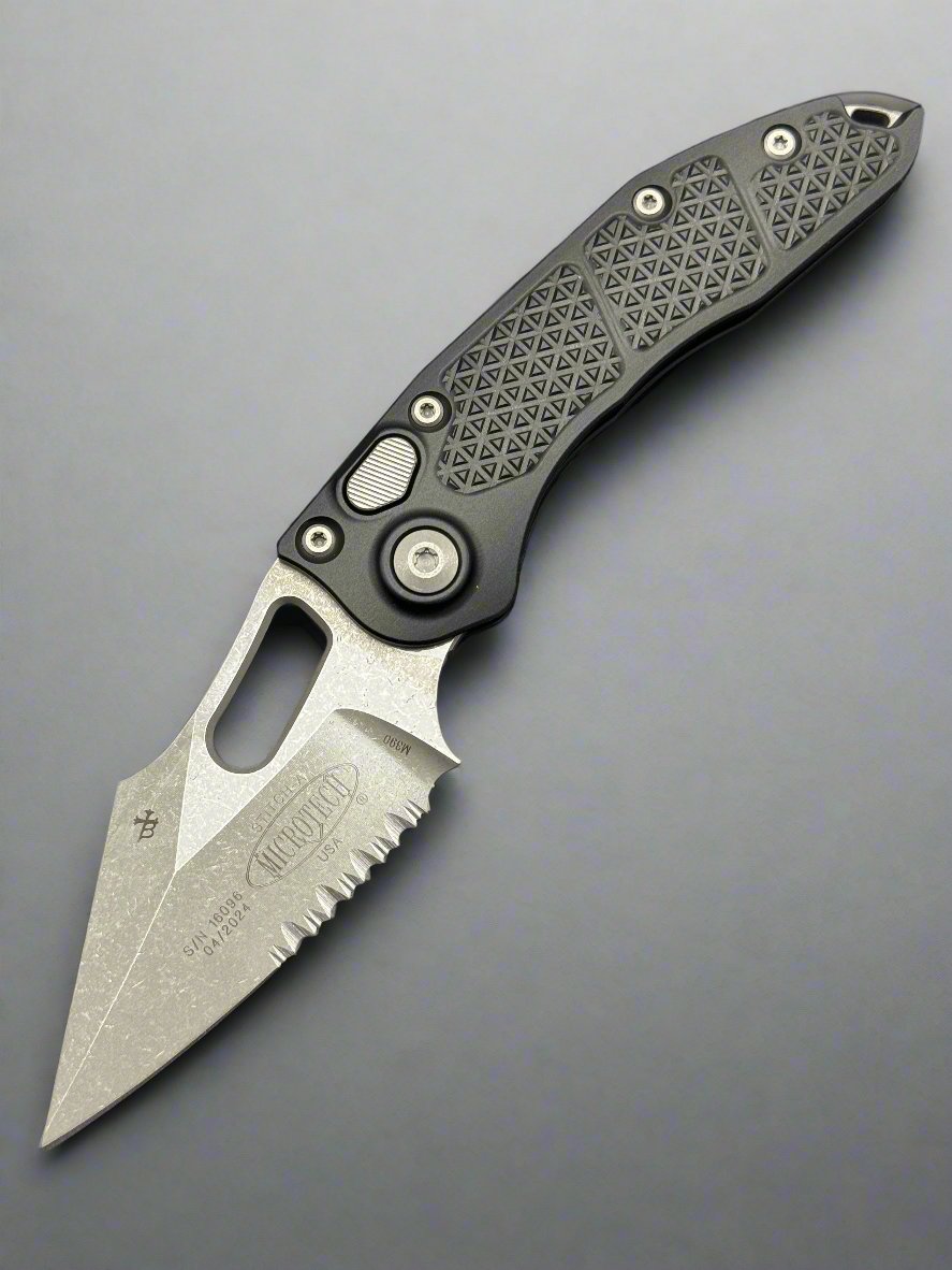 MICROTECH STITCH- OTS AUTO KNIFE- BLACK HANDLE- APOCALYPTIC PART SERRATED BLADE 169-11 AP