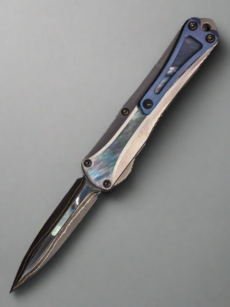 Heretic Knives Custom Manticore S D/E Stainless Steel Handle w/ Mother of Pearl Inlays Baker Forge Double Shim Damascus Blade