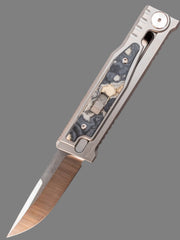 Reate Knives EXO-M Exoskeleton Design Manual OTF Knife Drop Point Satin Blade w/ Titanium and Green/Black Burl Linen Micarta Handles