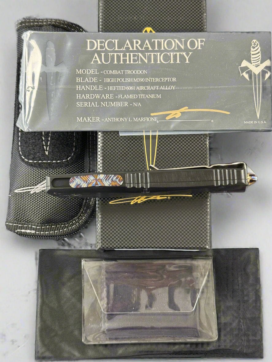 Marfione Custom Knives Combat Troodon Interceptor Mirror Polish w/ Hefted Black Handle & Flamed Hardware SN:05