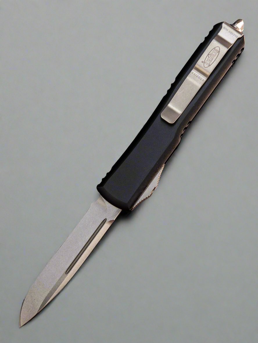 Microtech 121-11 Ultratech AUTO OTF Knife 3.46" Stonewashed Drop Point Combo Blade, Black Aluminum Handles