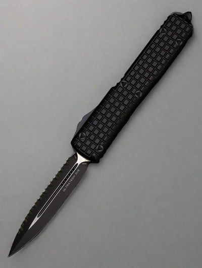 Microtech 122-3TFRS Signature Series Ultratech Tactical AUTO OTF Knife 3.46" Black Double Edge Full Serrate Dagger Blade, Black Frag Aluminum Handles