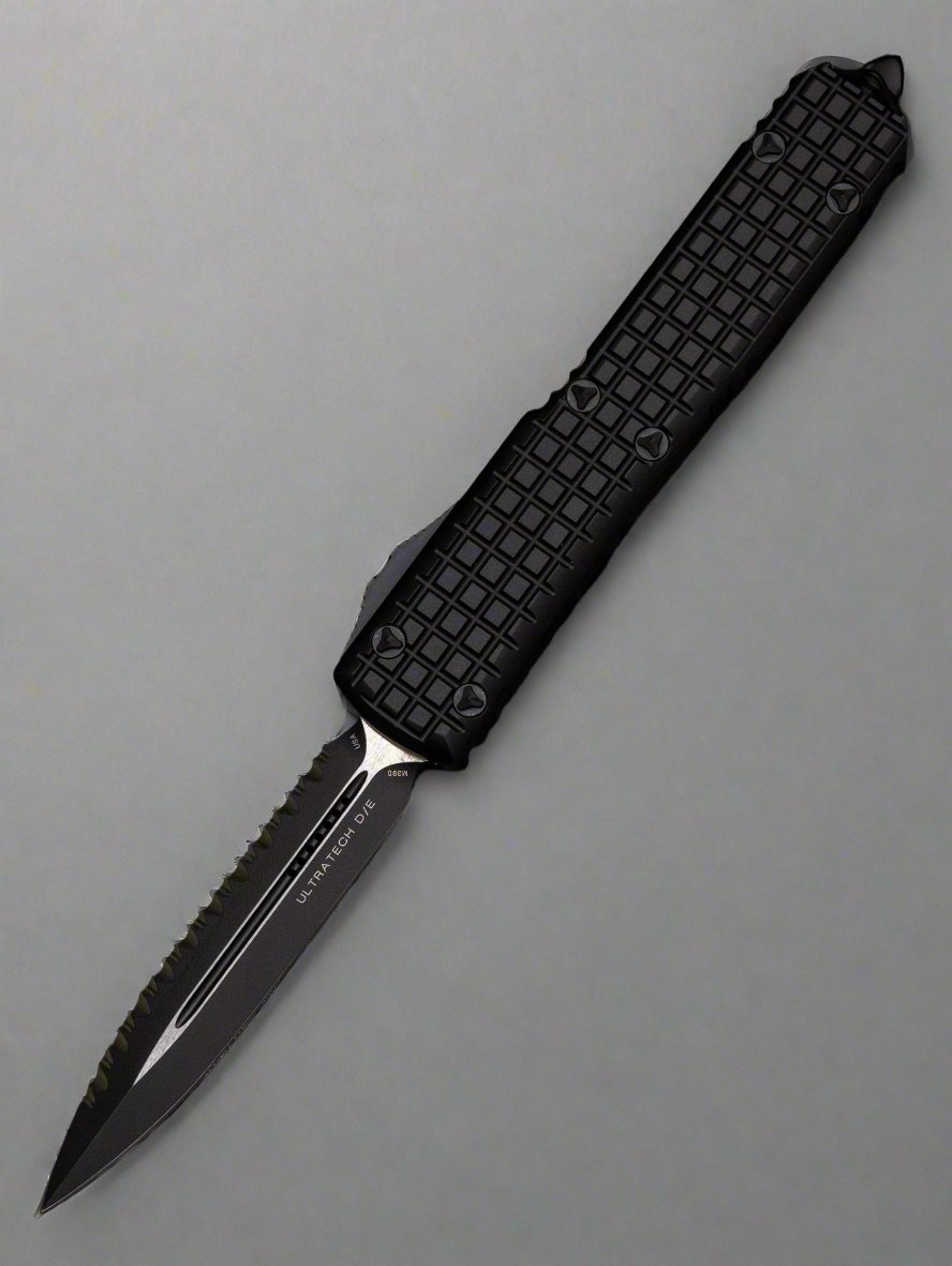 Microtech 122-3TFRS Signature Series Ultratech Tactical AUTO OTF Knife 3.46" Black Double Edge Full Serrate Dagger Blade, Black Frag Aluminum Handles