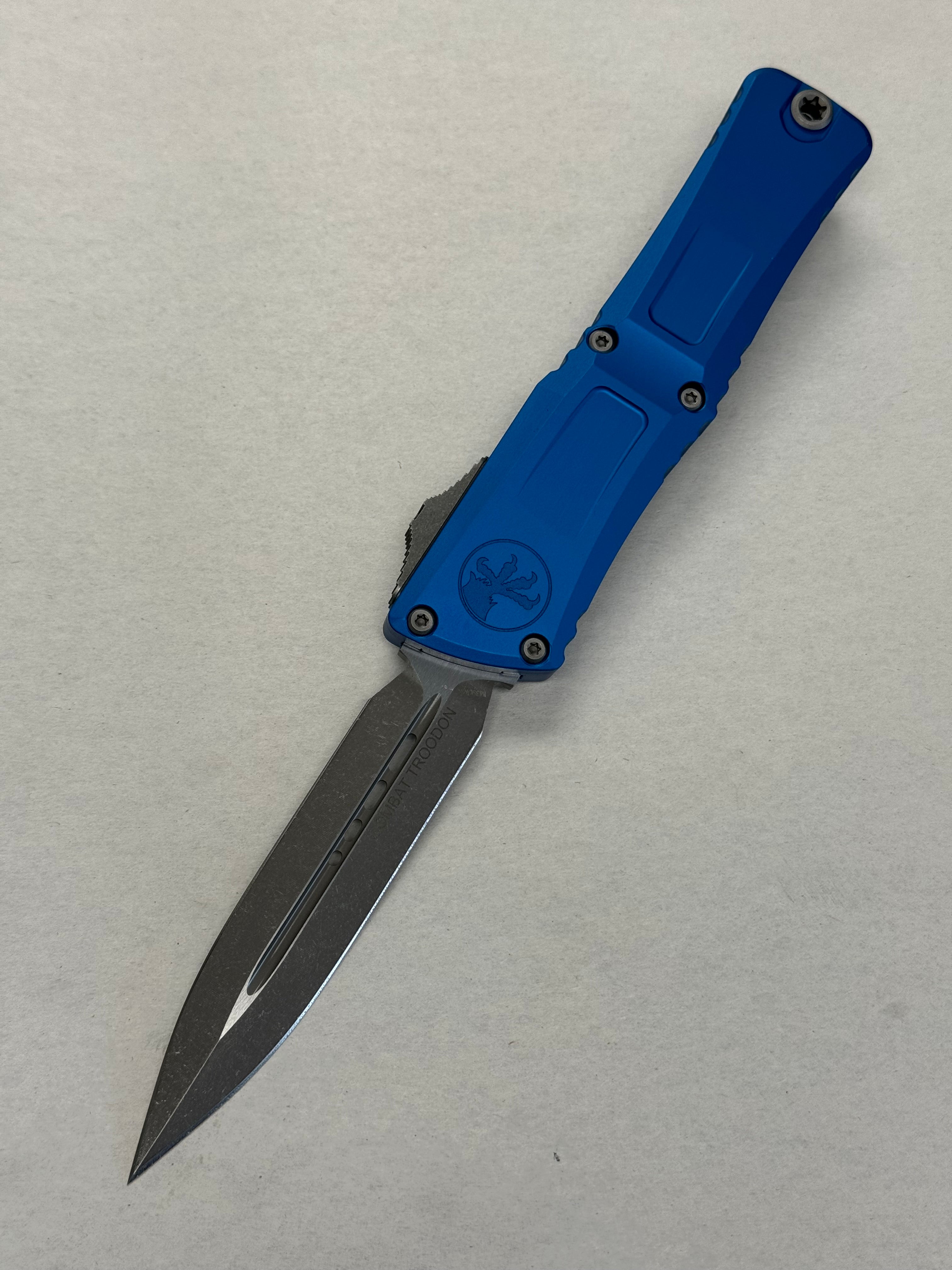 Microtech Knives Combat Troodon Gen III Apocalyptic Double Edge w/ Blue Handle 1142-10 APBL