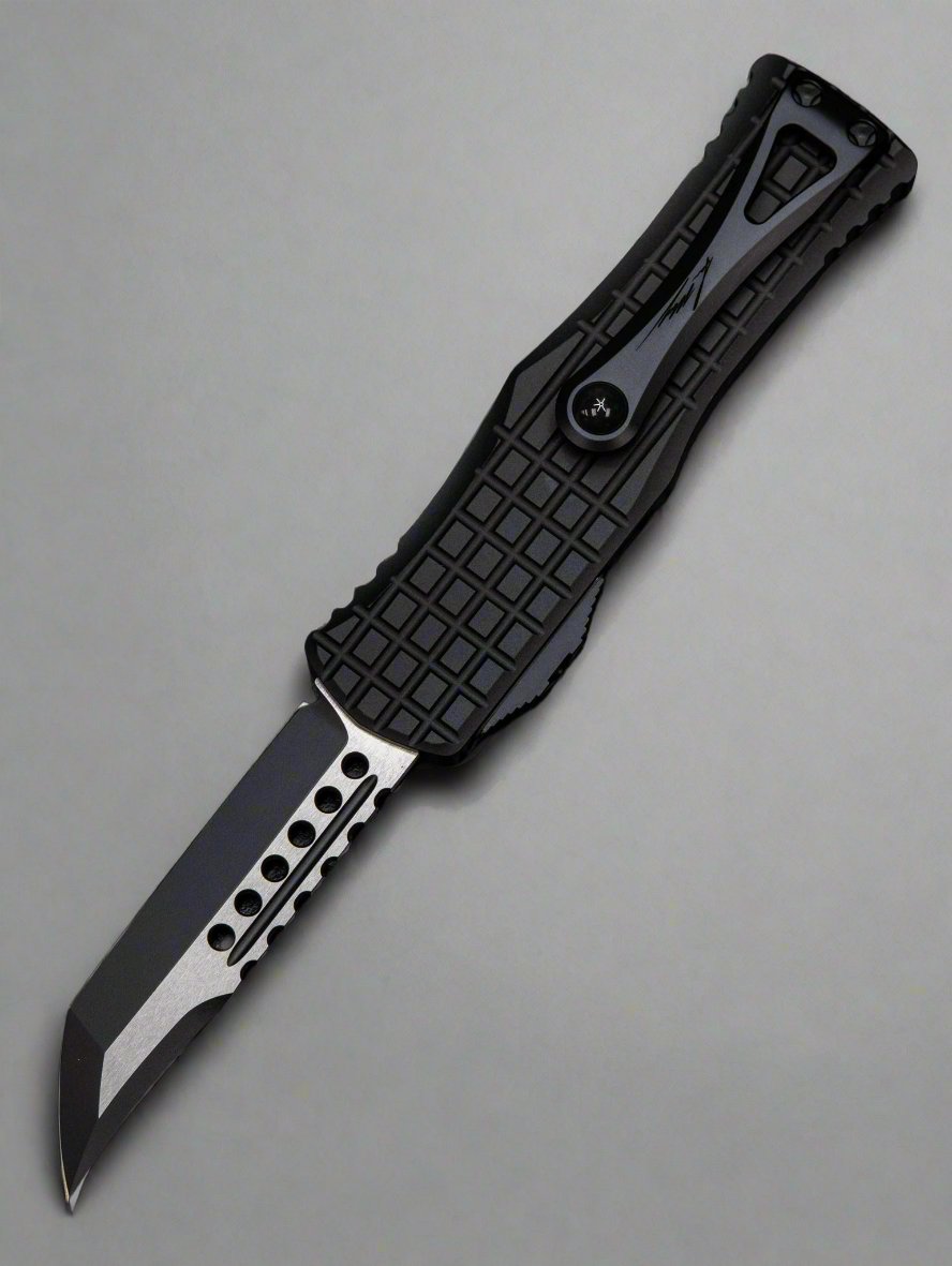 Microtech 919-1TFRS Signature Series Hera Tactical OTF AUTO Knife 3.125" Black Hellhound Tanto Blade, Black Frag Aluminum Handles