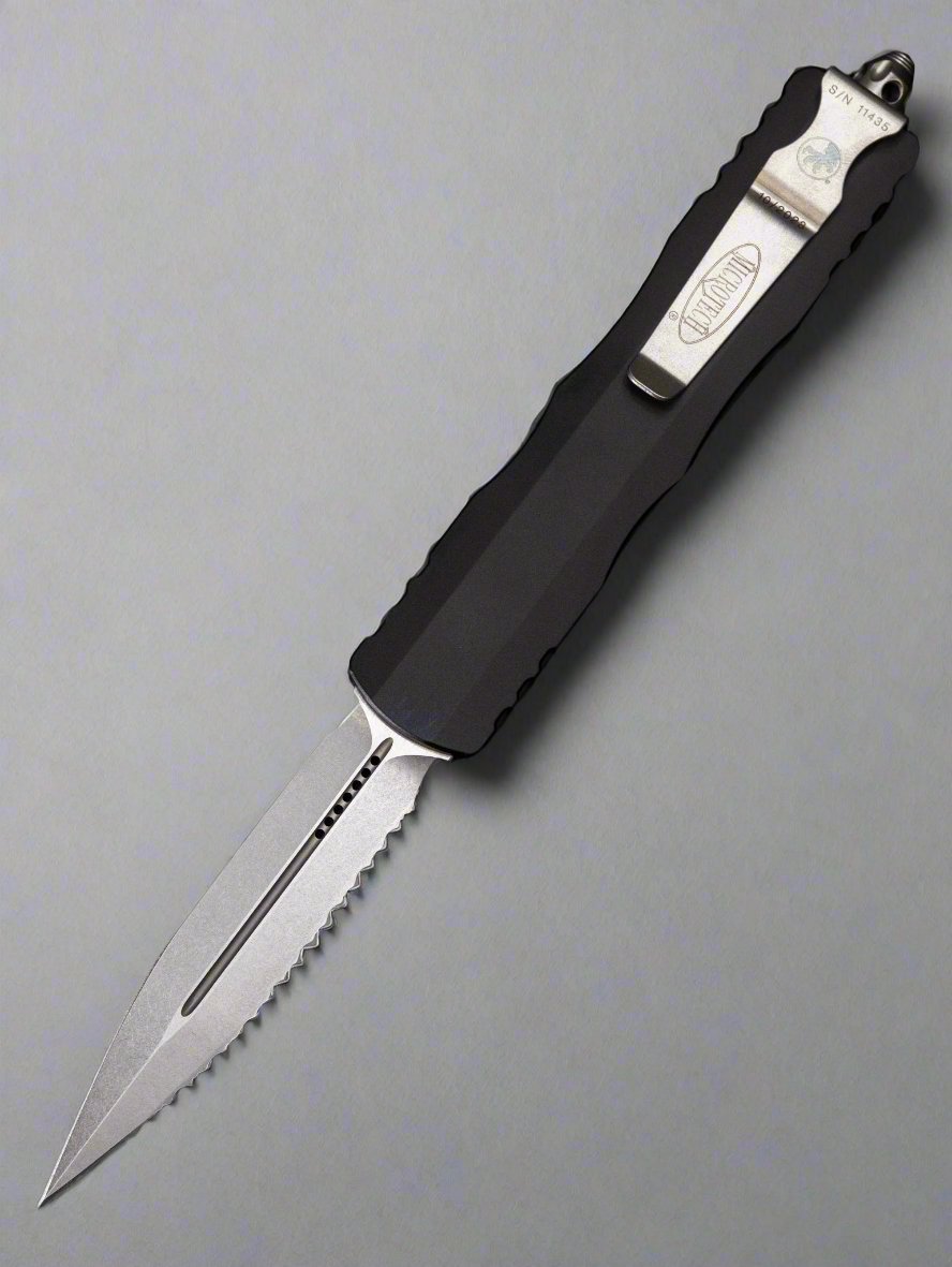 Microtech 227-12 Dirac Delta D/E - Black Handle - Stonewashed Full Serrated Blade