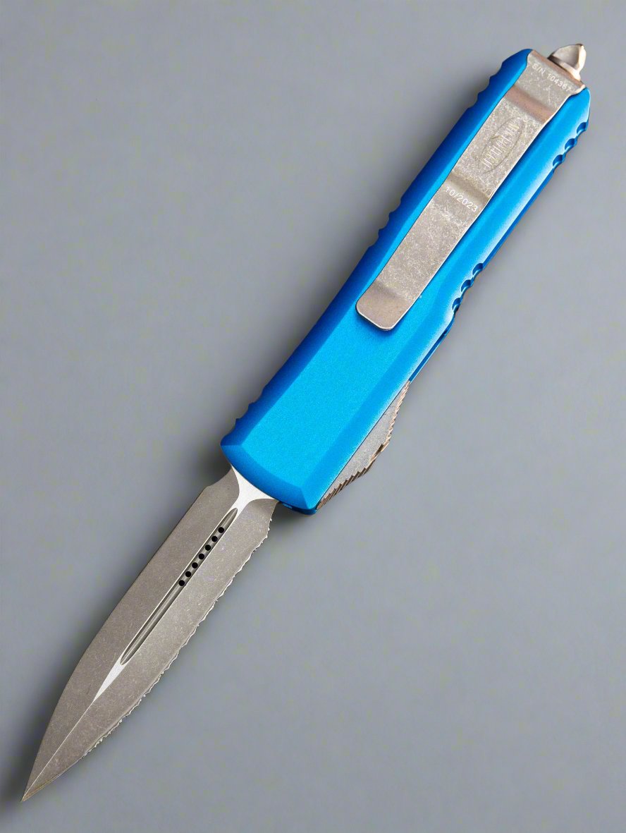 MICROTECH UTX-85 BLUE OTF 3" DAGGER STONEWASH APOCALYPTIC SERRATED 232-12APBL