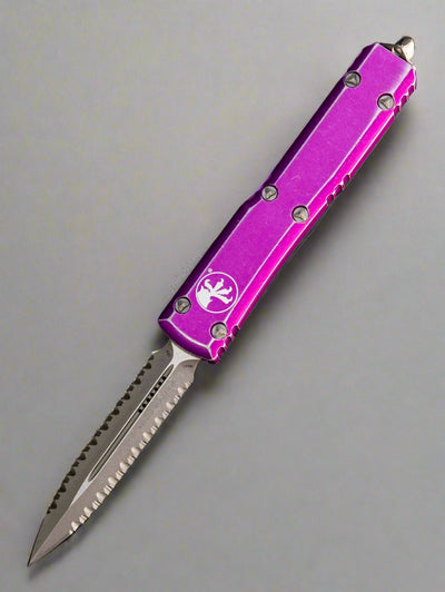 Microtech 122-D12DVI Ultratech D/E Double Full Serrate - Distressed Violet Handle - Apocalyptic Blade