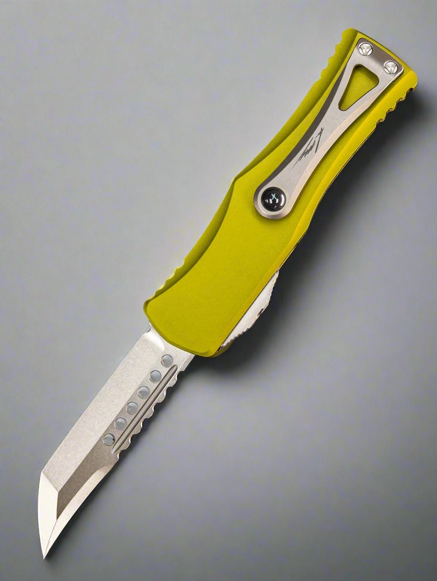 Microtech 919-10ODS Signature Series Hera OTF AUTO Knife 3.125" Stonewashed Hellhound Tanto Blade, OD Green Aluminum Handles