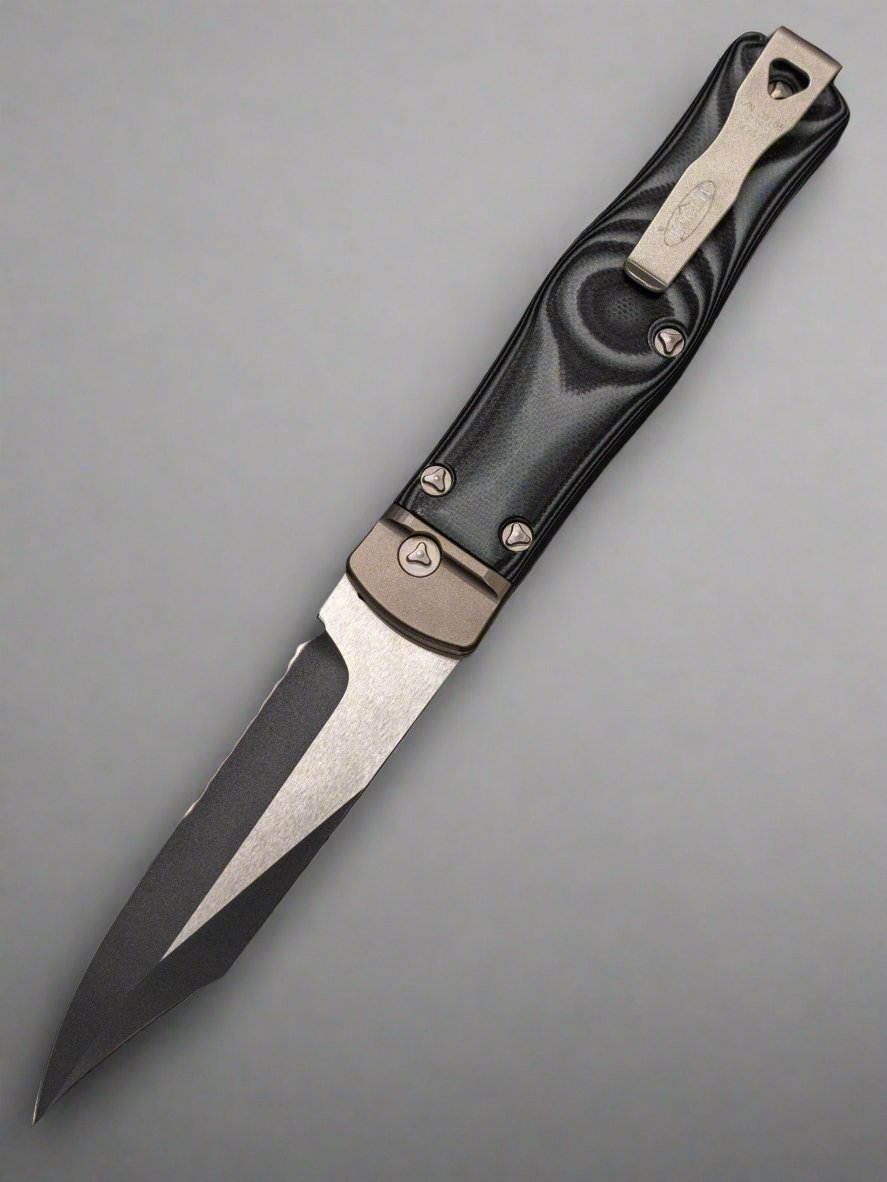 Pre Owned MICROTECH GREEN OSS COBRA KNIFE, AUTO LEVER LOCK, BLACK TWO TONE PART SER BLADE, 137-2GR