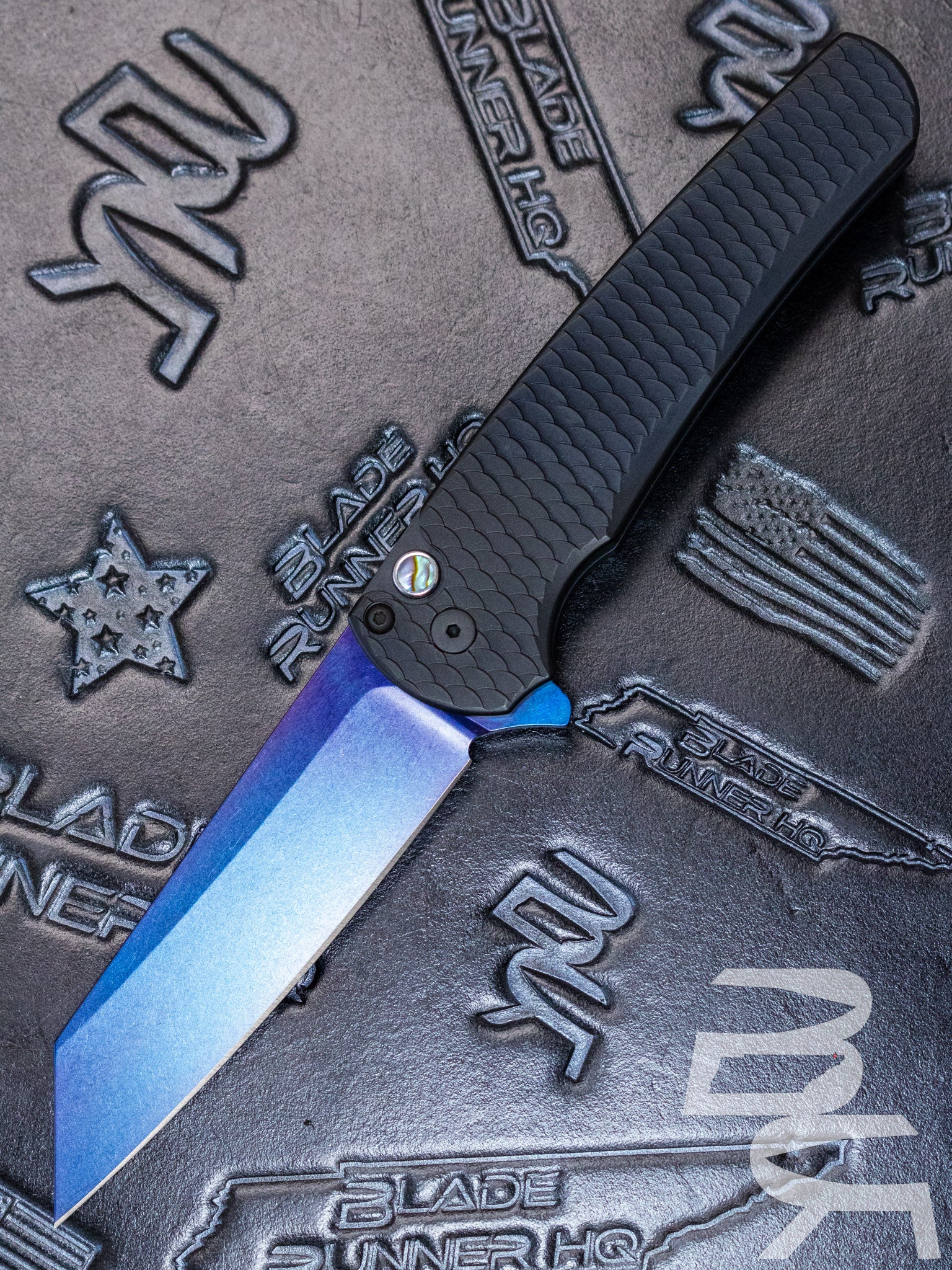 PROTECH MALIBU FLIPPER- REVERSE TANTO- BLACK DRAGON SCALE PATTERNED HANDLE- SAPPHIRE BLUE BLADE 5236-SB