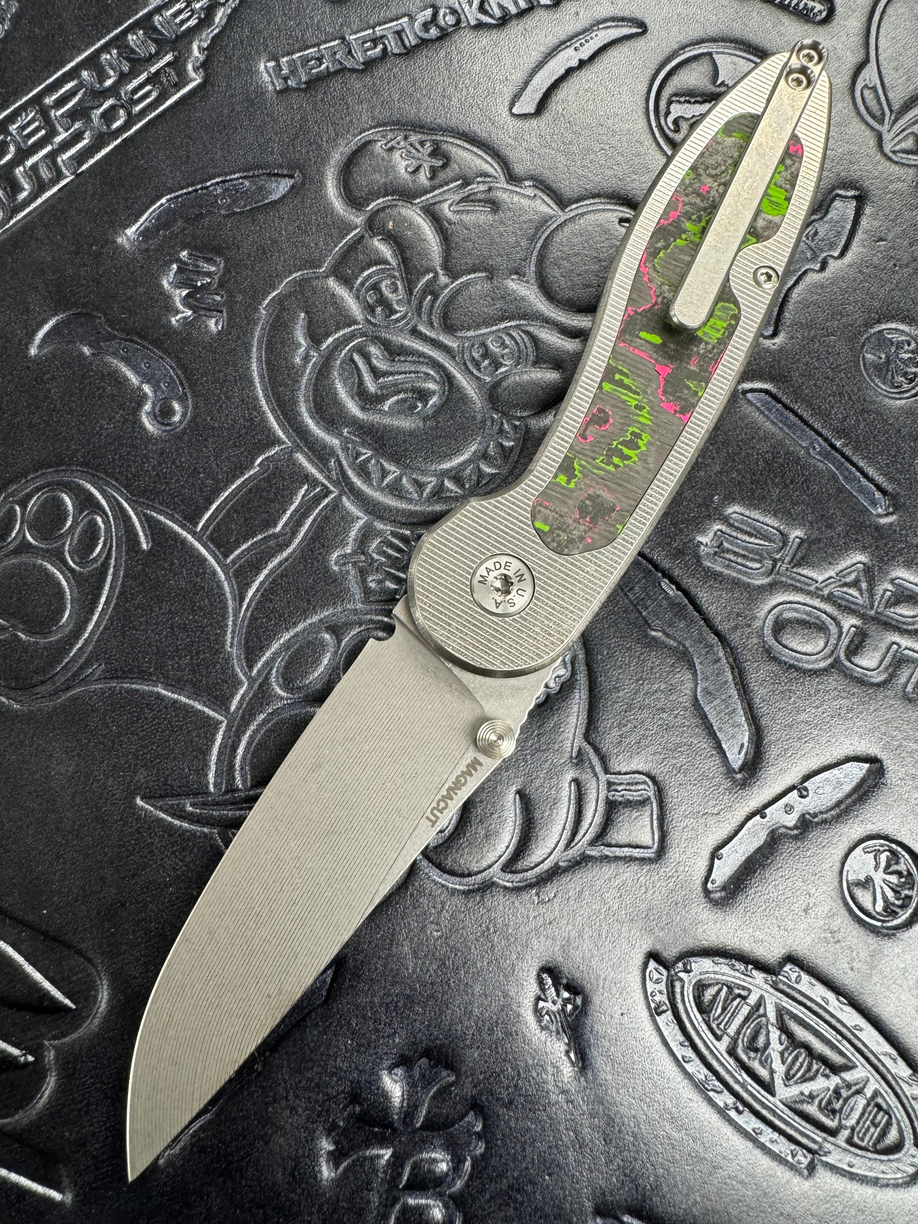 ABW American Blade Works Model 1 Titanium Button Lock Magnacut USA Watermelon Camo Inlays