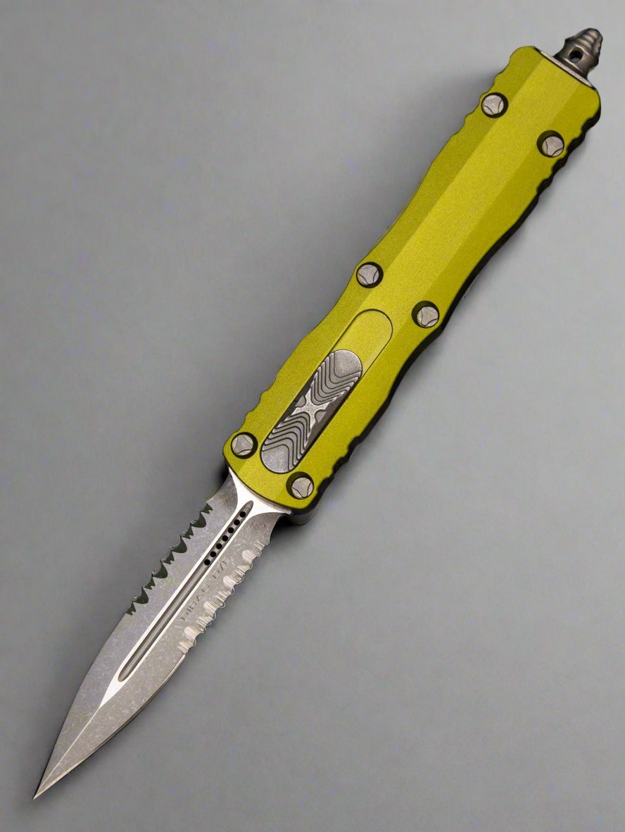 Microtech 225-11 APOD Dirac AUTO OTF Knife 2.92" Apocalyptic Double Combo Edge Dagger Blade, OD Green Aluminum Handles