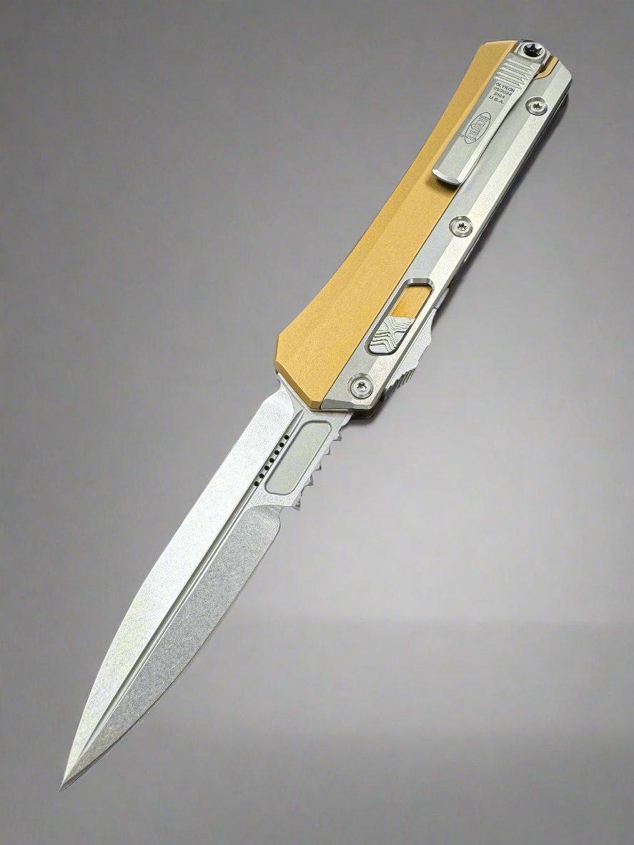 MICROTECH "GLYKON" TAN OTF AUTOMATIC KNIFE ALUMINUM/TITANIUM 3.75" BAYONET STONEWASH 184-10 TA