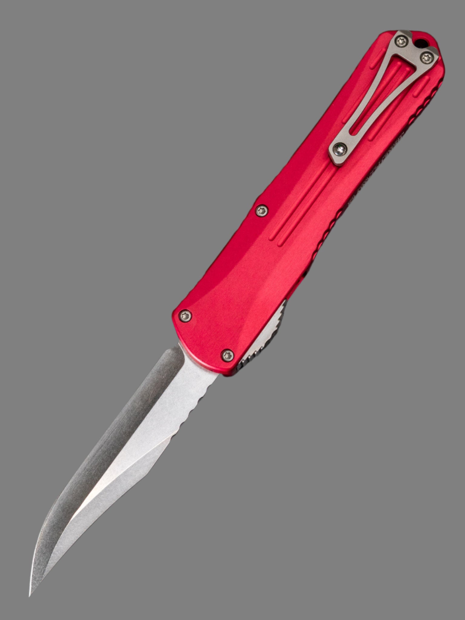 Heretic Knives Manticore X Bowie OTF Automatic Knife Red Al (3.6" Stonewash)