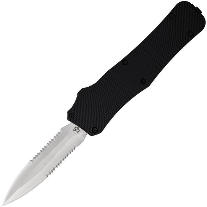 Mantis 812 AUTO OTF Knife 3.25" 440C Satin Combo Double Edge Dagger Blade, Black Milled Aluminum Handles