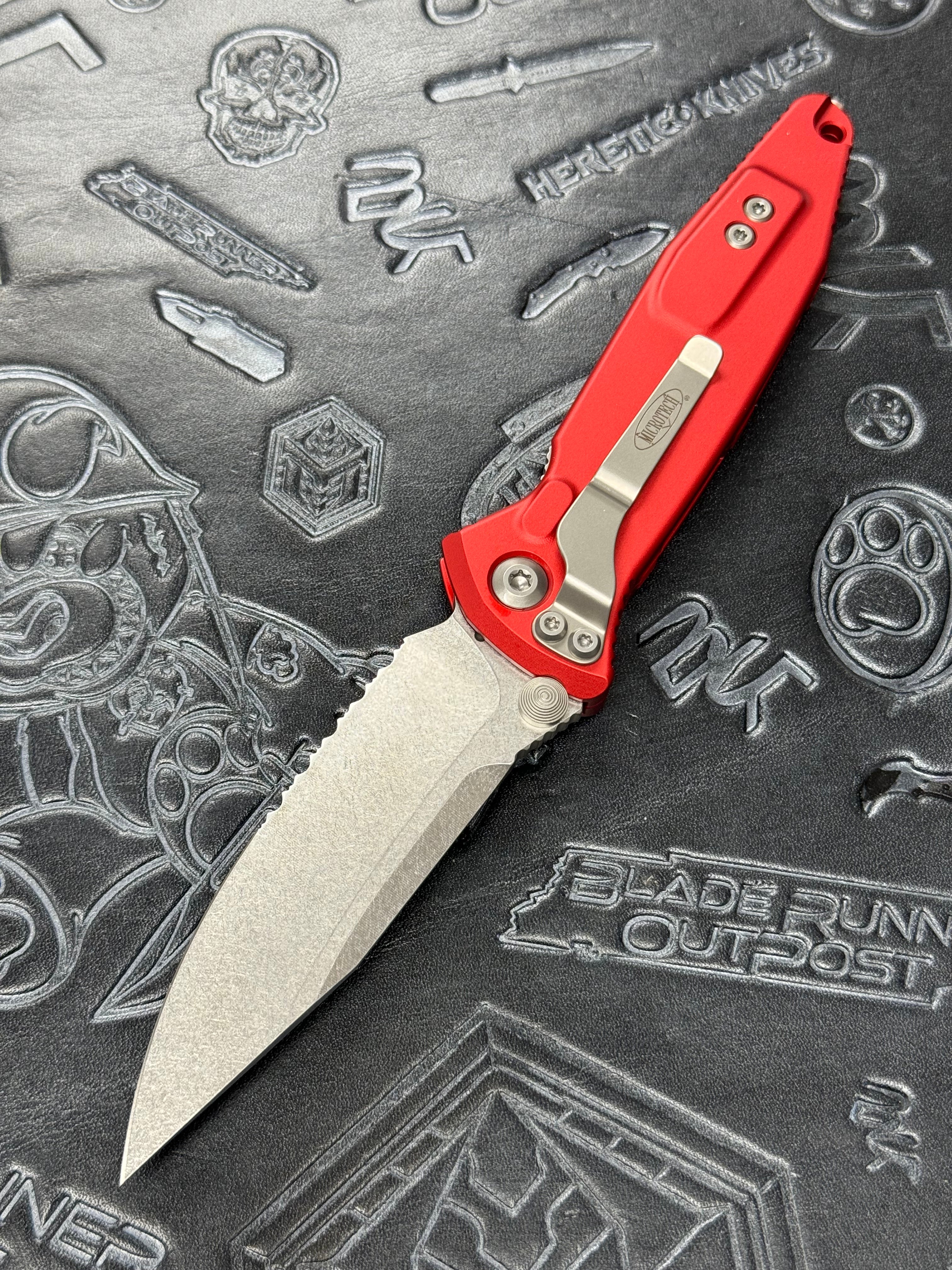 Microtech Socom Elite Manual S/E Partial Serrated Stonewash w/ Red Handle 160-11 RD