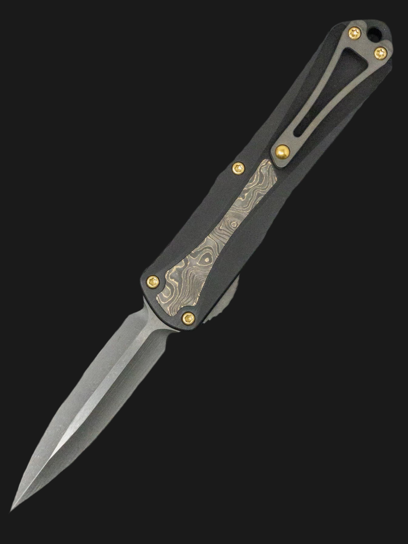 Heretic Knives Manticore E Fat Carbon Gold Dunes Inlay, DLC Double Edge, DLC Ti Clip with TiN Ball, TiN Glass Breaker and Hardware H028-6A-FC/TiN