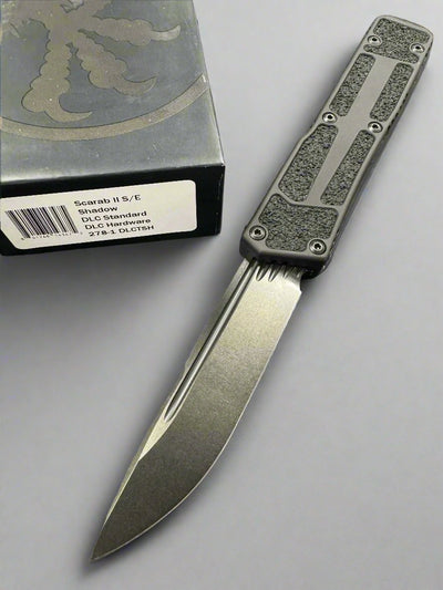 Pre Owned Like New MICROTECH SCARAB II BLACK SINGLE EDGE SHADOW DLC BLADE AND DLC HW 278-1 DLCTSH GEN II