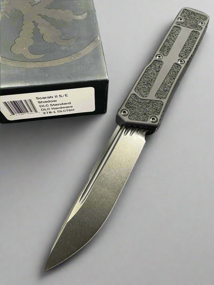 Pre Owned Like New MICROTECH SCARAB II BLACK SINGLE EDGE SHADOW DLC BLADE AND DLC HW 278-1 DLCTSH GEN II
