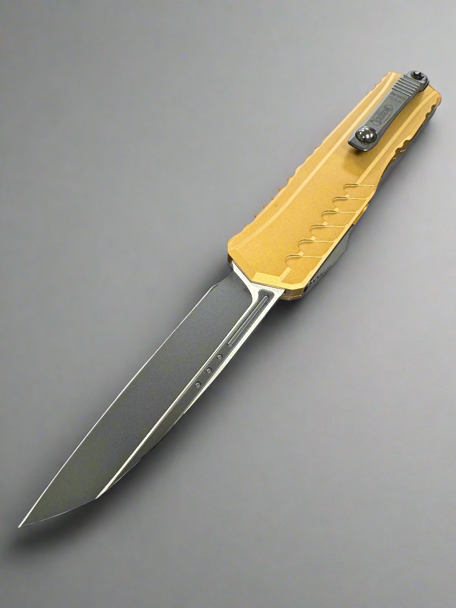 MICROTECH CYPHER II 2024- SINGLE EDGE- Tan HANDLE- Standard PLAIN EDGE BLADE 1241-1 TA