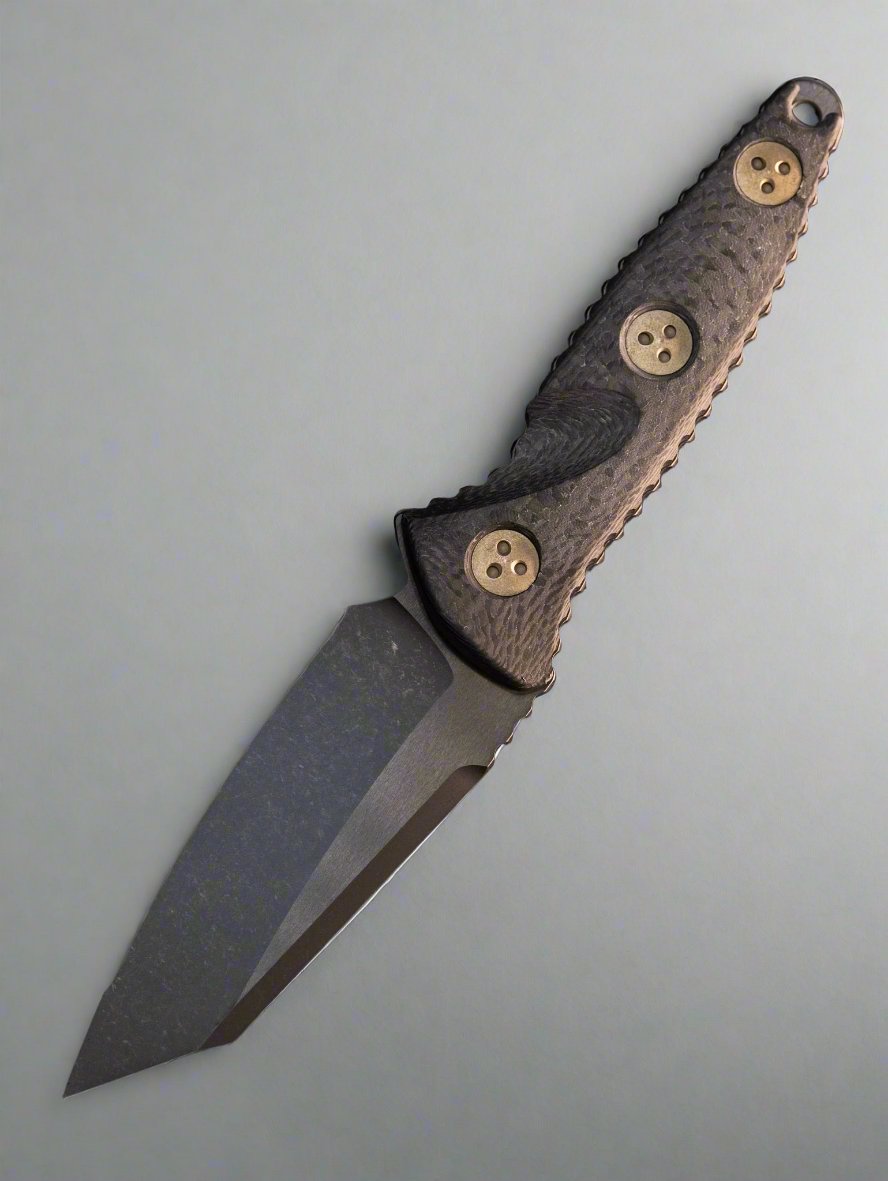 Microtech 93M-3DLCCFS Signature Series Socom Alpha Mini Warcom Fixed Blade Knife 3.72" Black DLC Wharncliffe Serrated Blade, Carbon Fiber Handles, Kydex Sheath