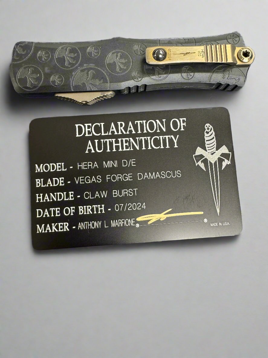 Microtech Knives Hera II Mini Damascus D/E w/ Black Claw Burst Deep Engraved Handle Signature Series 1702M-16 CBS