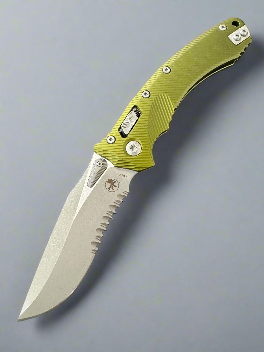 Microtech Amphibian RAM LOK OD Green Fluted Aluminum & Partial Serrated Apocalyptic M390MK 137RL-11 APFLOD