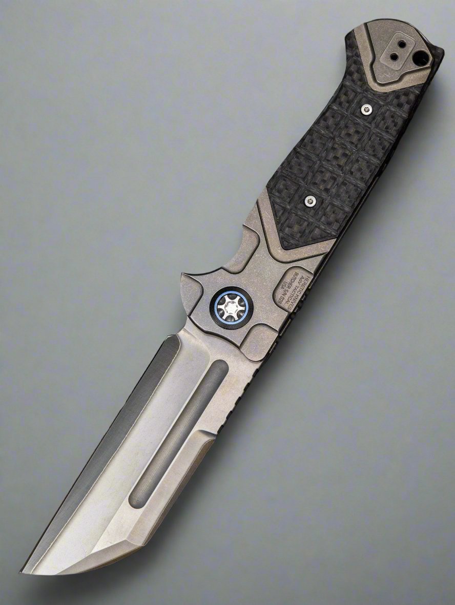 Pre Owned Heretic Butcher Auto - TakeFu Shiro 2 Tumbled Titanium Blue Ano TI Button 2 Tone Pivot Collar SN:028