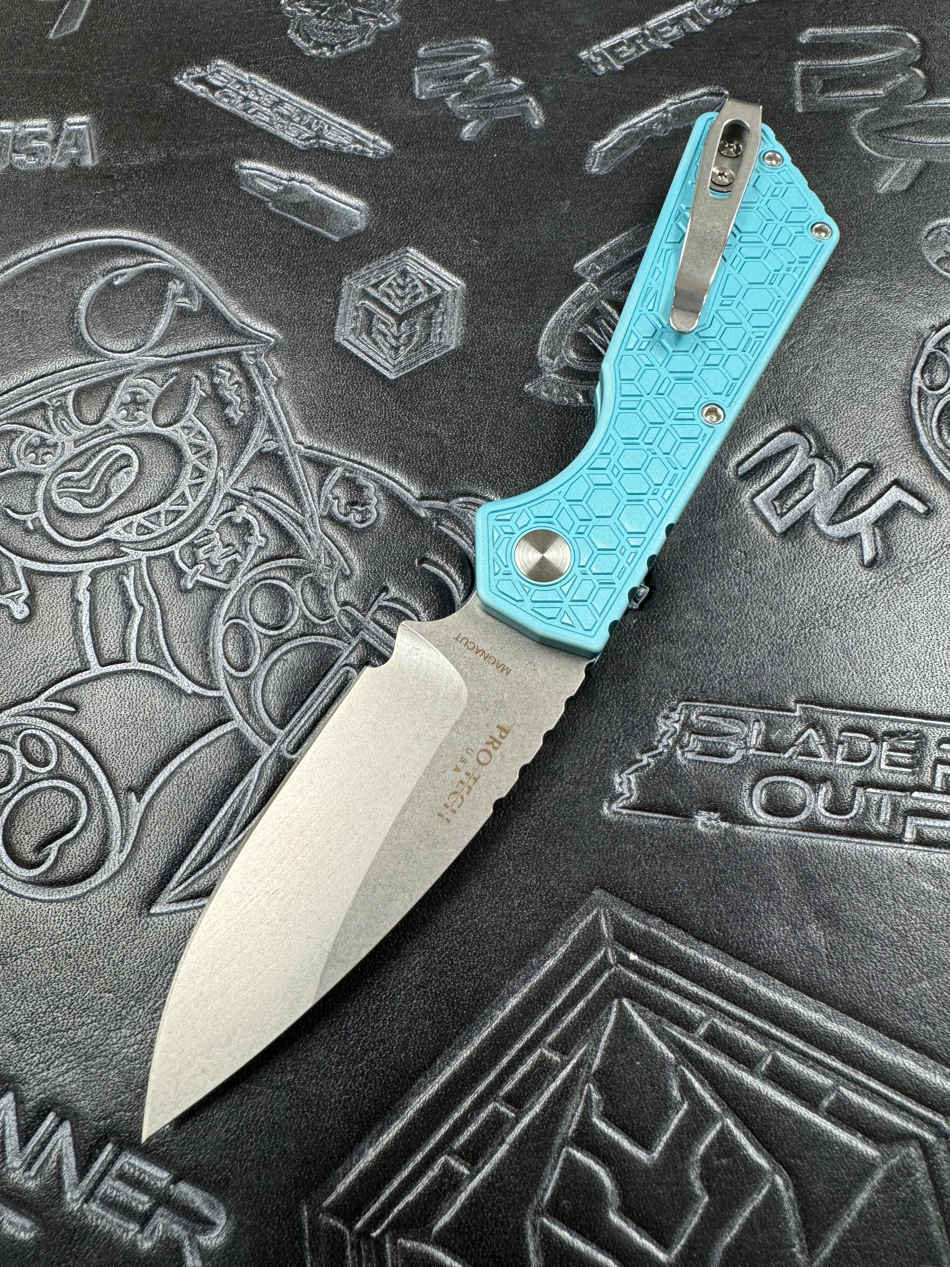 Pro-Tech PT Plus Tiffany Blue Gridlock Aluminum Handle w/ Satin Hardware & Pearl Button w/ Stonewash MagnaCut Blade PT205-Gridlock LTD T.Blue