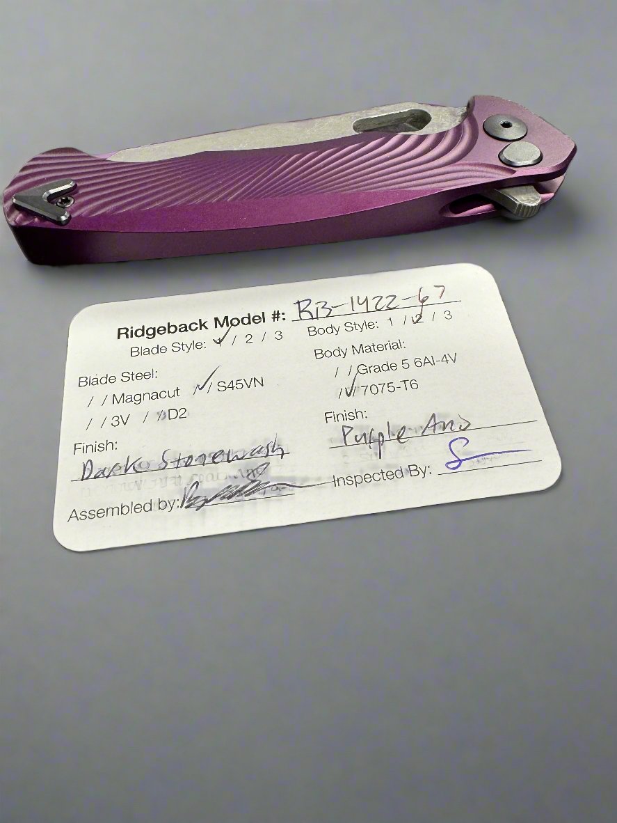 Dead Reckon Knives Ridgeback - Aluminum Purple Textured, Modified Blade Shape, Series 1, S45vn, Button Lock, Dark Stonewash
