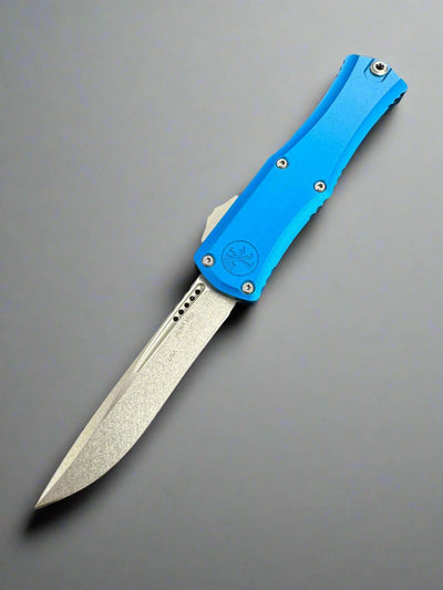 Microtech Knives Mini Hera Stonewash Recurve M390MK w/ Blue Handle 1705M-10 BL