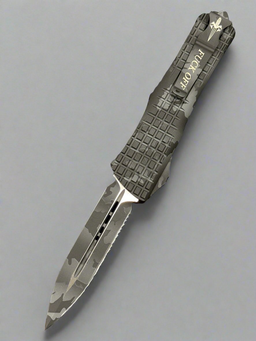 Microtech Combat Troodon Delta Frag Urban Camo Full Serrated 1/1 “F Off” Marfione Personal Collection