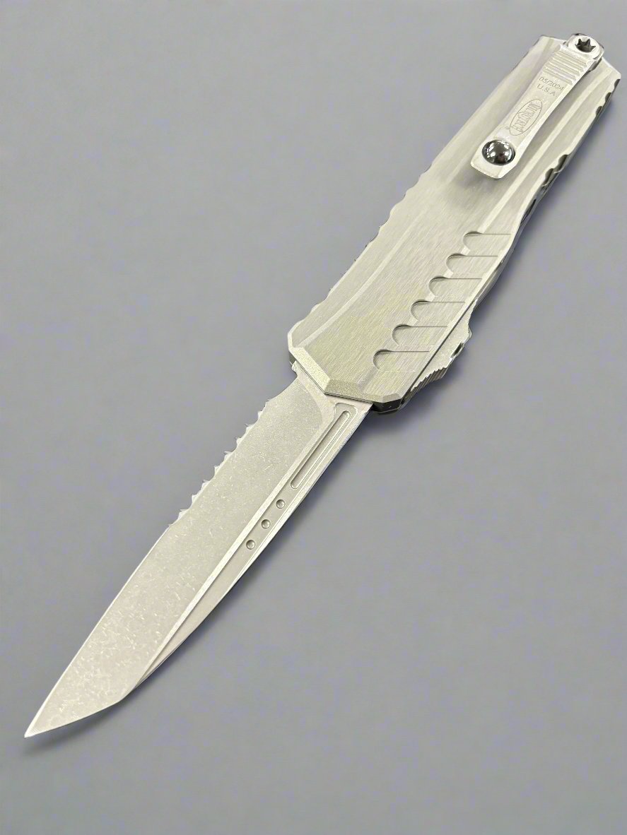 MICROTECH CYPHER II OTF AUTOMATIC KNIFE NATURAL GREY 3.5" WHARNCLIFFE APOCALYPTIC STONEWASH SERRATED 1241-11APNC