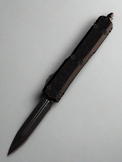 Microtech 206-1TS Signature Series Makora Tactical OTF AUTO 3.3" Black Double Edge Dagger Blade, Black Aluminum Handles with Black Traction Inlays