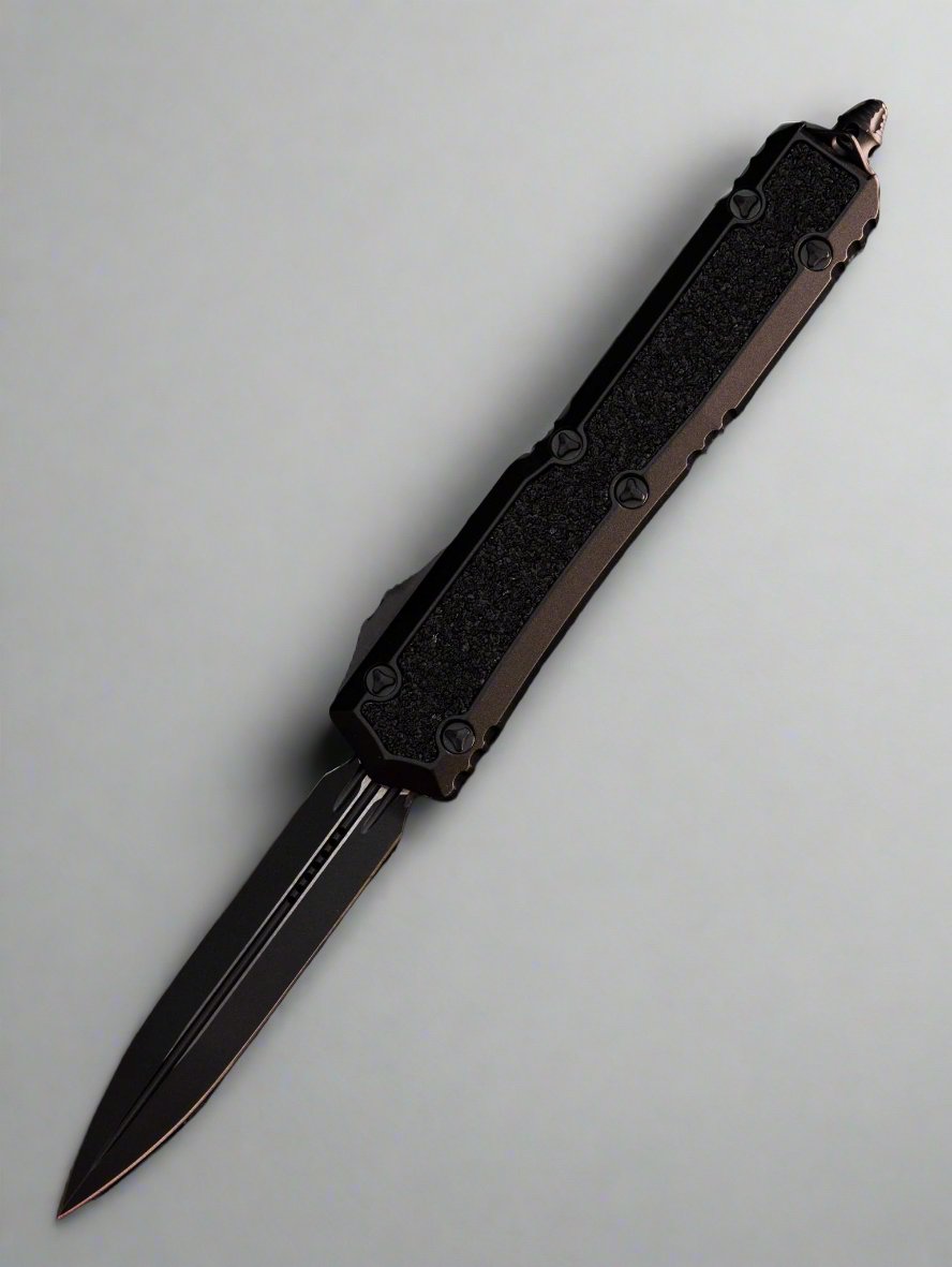 Microtech 206-1TS Signature Series Makora Tactical OTF AUTO 3.3" Black Double Edge Dagger Blade, Black Aluminum Handles with Black Traction Inlays