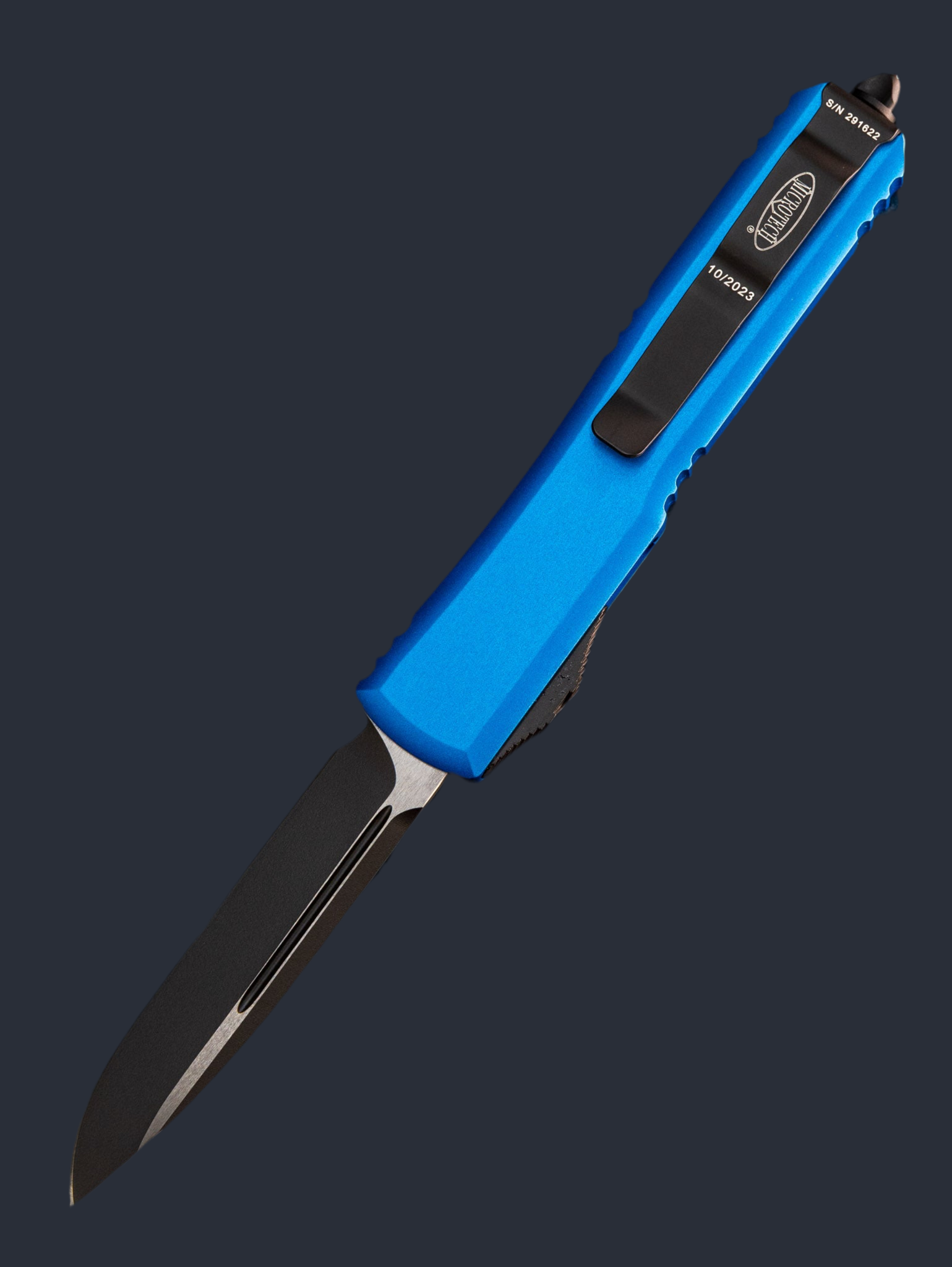 MICROTECH ULTRATECH OTF KNIFE- SINGLE EDGE- BLUE HANDLE- BLACK BLADE 121-1 BL