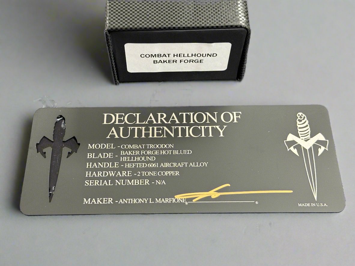 Pre Owned Marfione Custom Knives Combat Troodon Hellhound Hot Blued Volcanic River Pattern Baker Forge w/ Hefted Black Handle & Copper Ringed Hardware - See Certificate