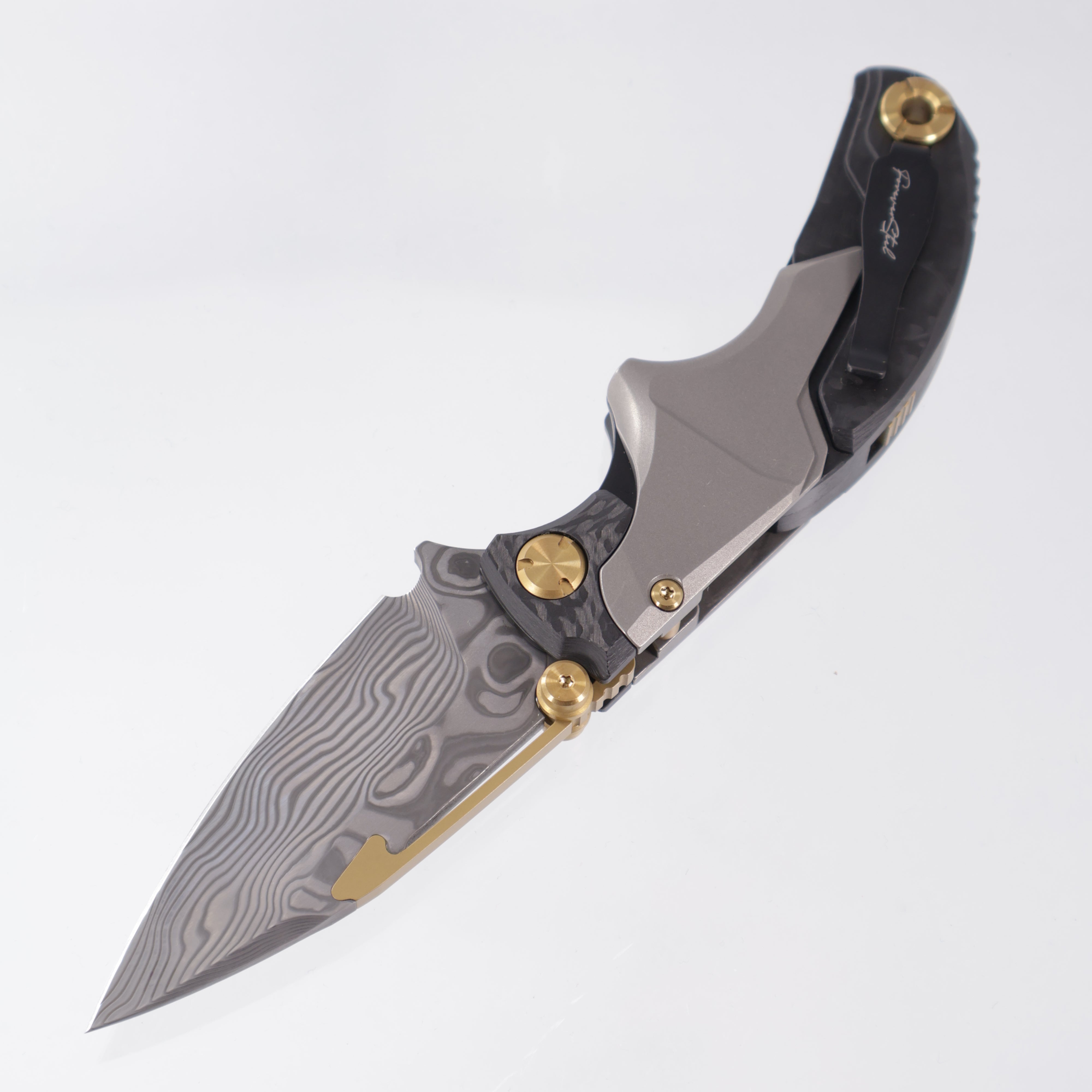 Forever Steel Alkaid Folding Push Dagger - Titanium & Carbon Fiber w/ Gold Accents - Damascus Blade
