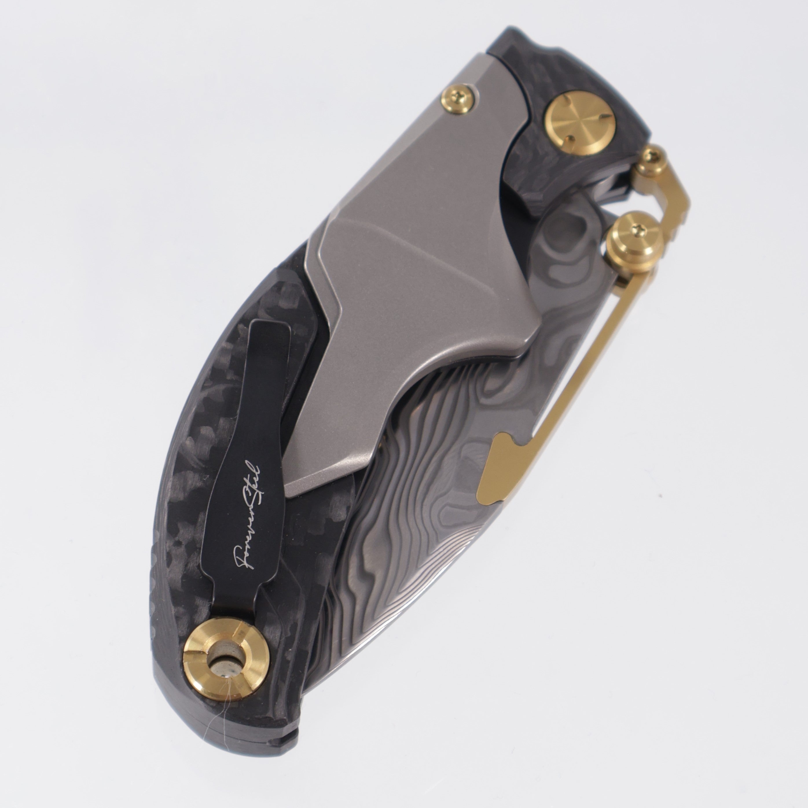Forever Steel Alkaid Folding Push Dagger - Titanium & Carbon Fiber w/ Gold Accents - Damascus Blade