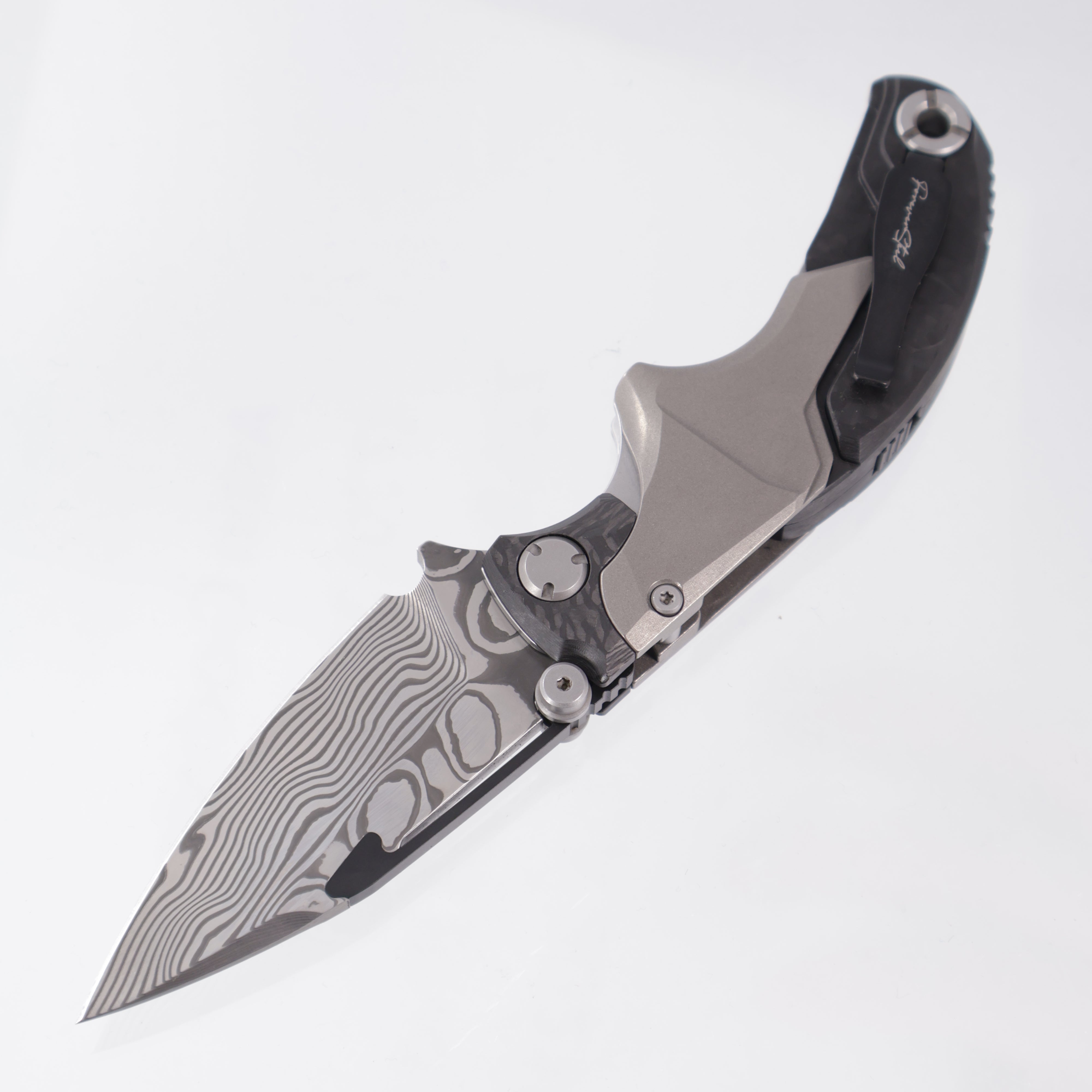 Forever Steel Alkaid Folding Push Dagger - Titanium & Carbon Fiber w/ Silver Accents - Damascus Blade
